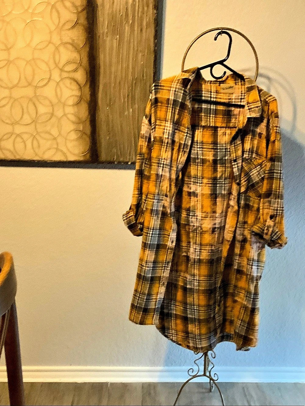 The Nu Vintage Bleached Plaid Flannel Shirt/Dress/Jacket Yellow & Black Large